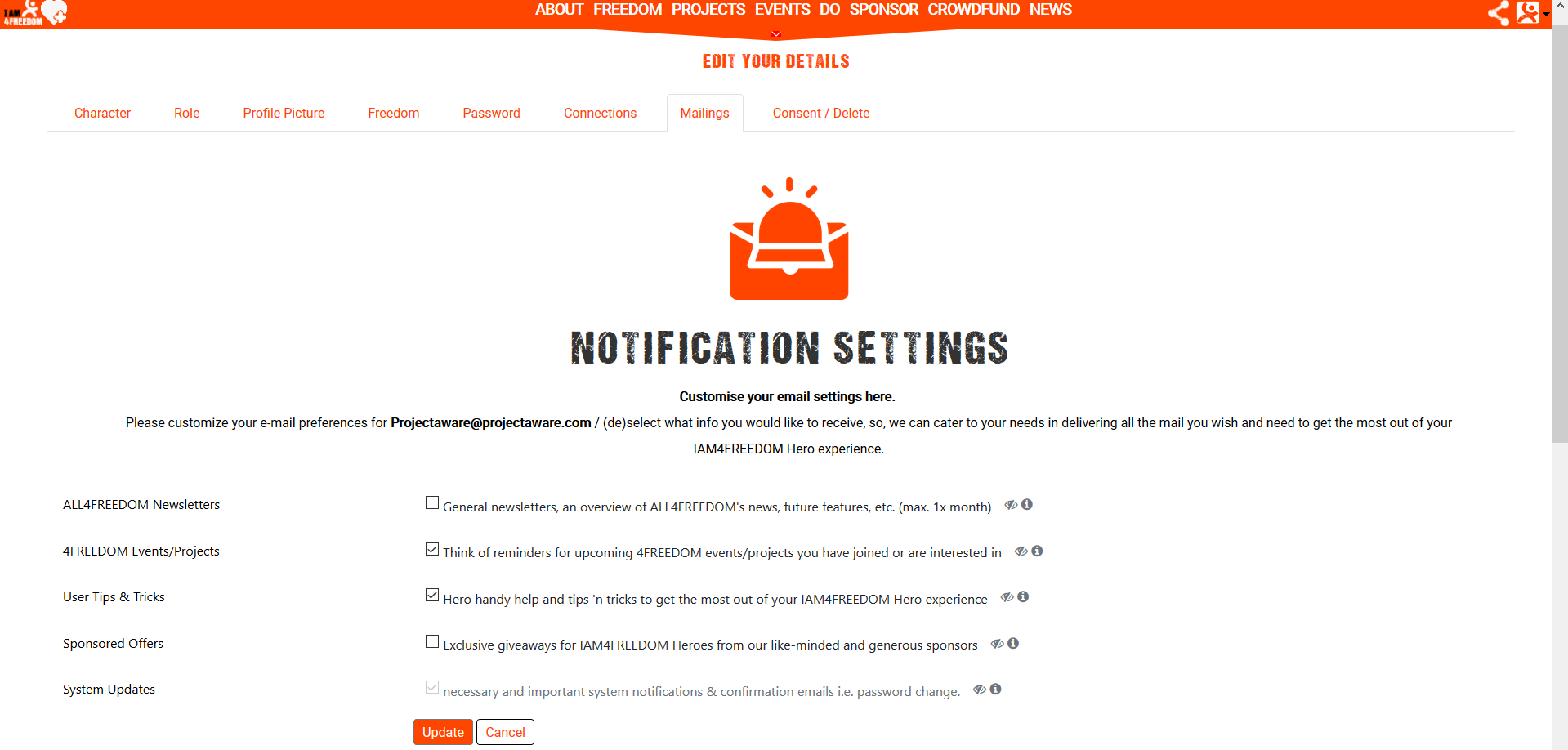 Screenshot mailings tab