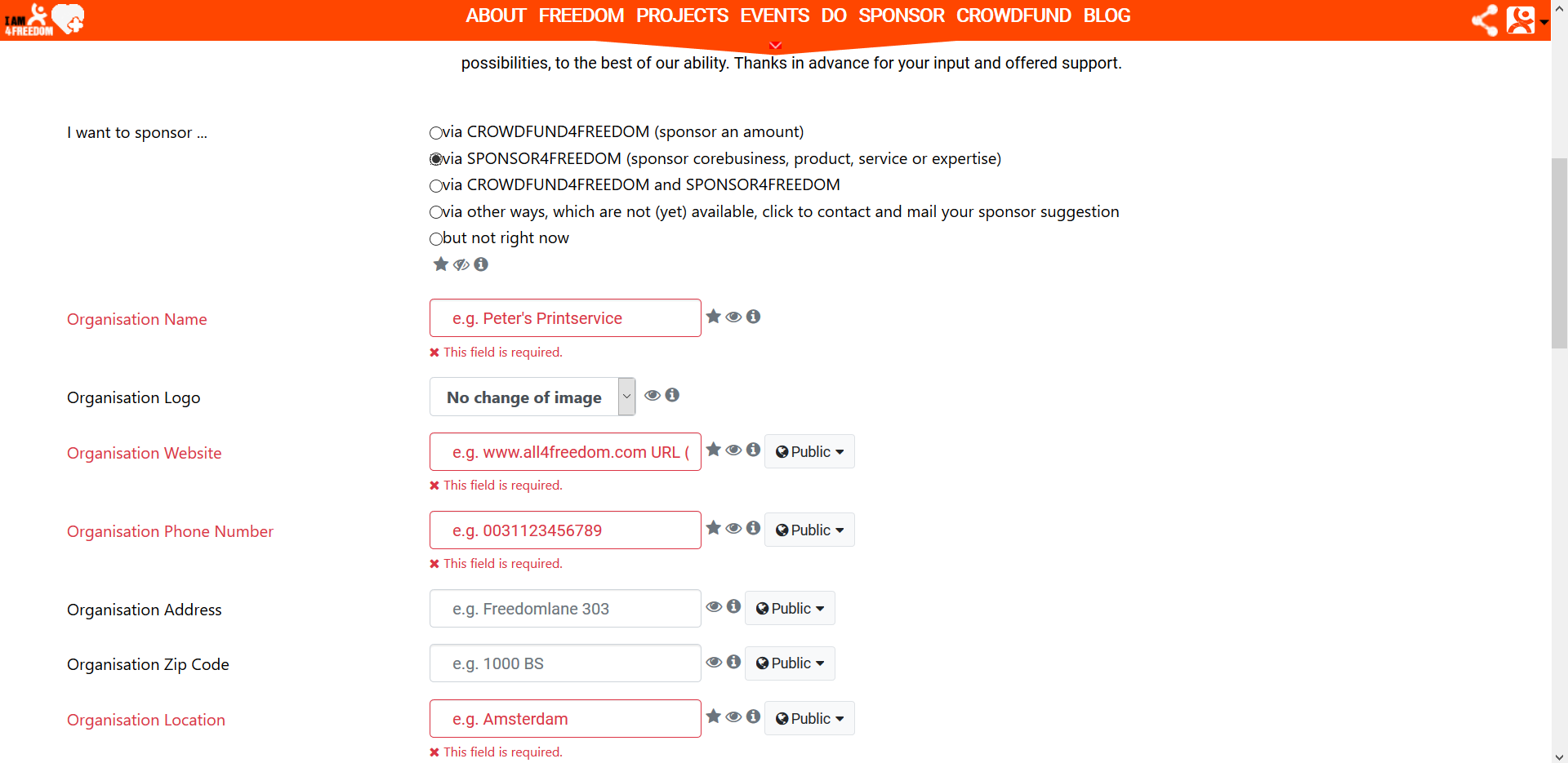 Screenshot sponsor4freedom organisation tab